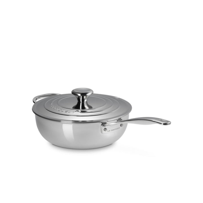 Le Creuset Signature 3 Ply Stainless Steel Non-Stick Chefs Pan with Lid and Helper Handle - 24cm