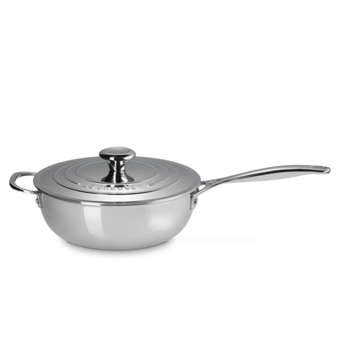 Le Creuset Signature 3 Ply Stainless Steel Non-Stick Chefs Pan with Lid and Helper Handle - 24cm