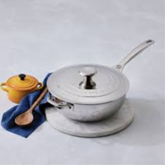 Le Creuset Signature 3 Ply Stainless Steel Non-Stick Chefs Pan with Lid and Helper Handle - 24cm